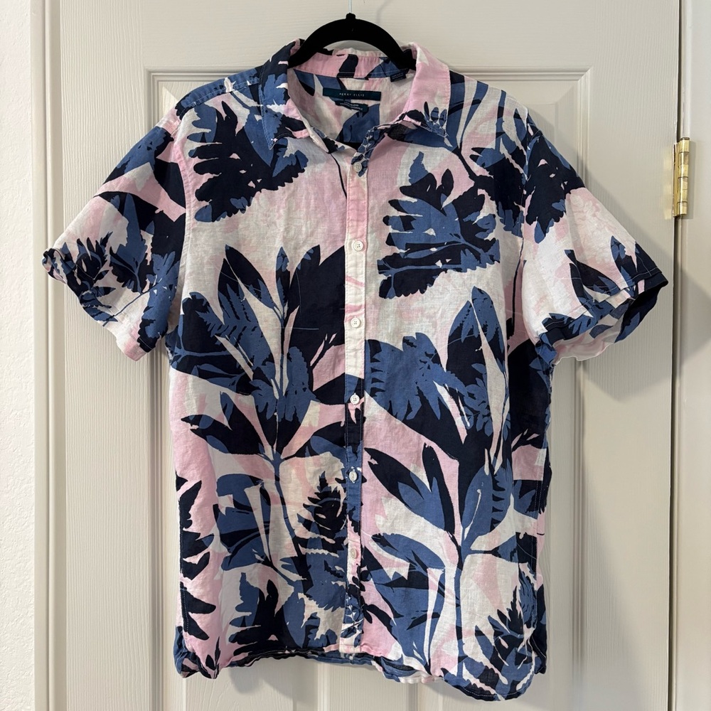 Perry Ellis Men’s Linen Button Up Short Sleeve Shirt Pink Blue Tropical XL